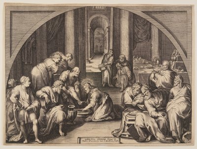 Christus wast de voeten van de apostelen door Jacob Matham