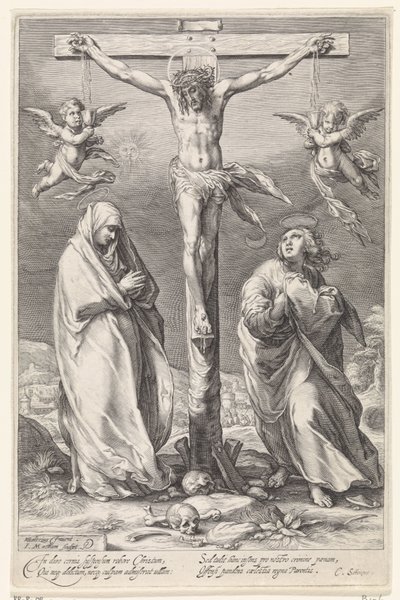 Christus aan het kruis, met Johannes en Maria door Jacob Matham