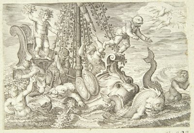 De Tyrreense zeelieden worden in dolfijnen veranderd door Jacob Matham