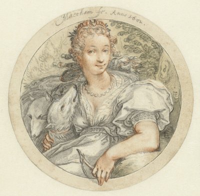 Diana in een ronde omlijsting door Jacob Matham