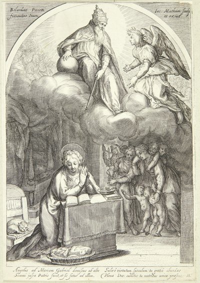 De Heer en Gabriel verwachten de aankondiging, Maria knielend beneden door Jacob Matham