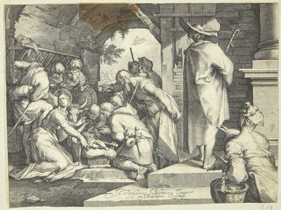 De aanbidding van de herders door Jacob Matham