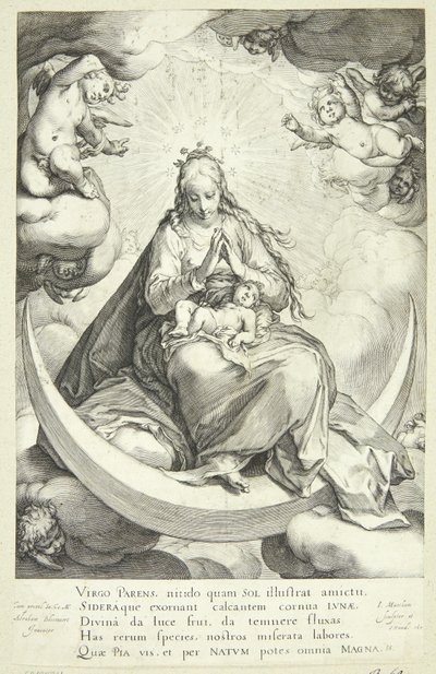 Maagd Maria met het Christuskind op de halve maan, omringd door engelen door Jacob Matham