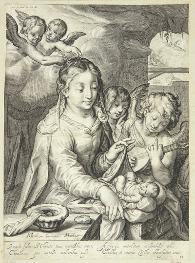 Maagd Maria met kind omringd door engelen door Jacob Matham