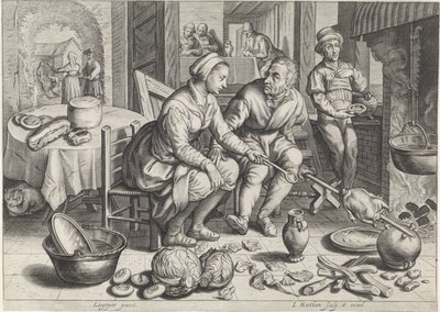 Keukenstuk met kip aan het spit Keuken- en marktscènes met bijbelse scènes (serie titel) door Jacob Matham