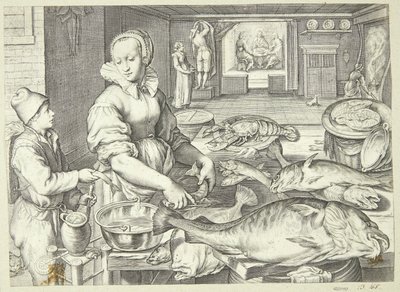 Keukenscène met een keukenmeid die vis schoonmaakt door Jacob Matham