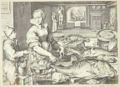 Keukenscène met een keukenmeid die vis schoonmaakt door Jacob Matham