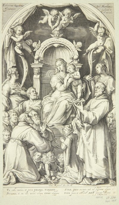 Maria en het kind met beschermheren en heiligen (Sint Lucia, Catharina van Alexandrië, Franciscus van Assisi en leden van de Zuccaro-familie) door Jacob Matham