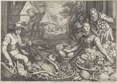 Marktscène en de rust op de vlucht naar Egypte (Keuken- en marktscènes met bijbelse scènes) door Jacob Matham