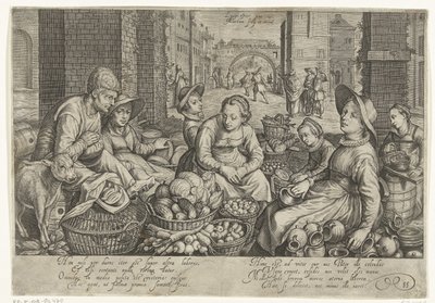 Marktscène met in de achtergrond de parabel van de arbeiders in de wijngaard, ca. 1600 door Jacob Matham