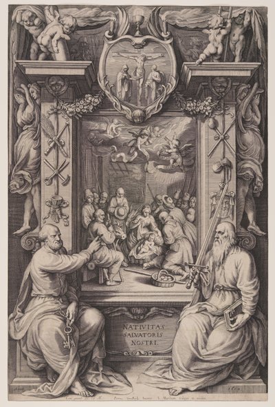 De aanbidding van de herders met Petrus en Paulus door Jacob Matham