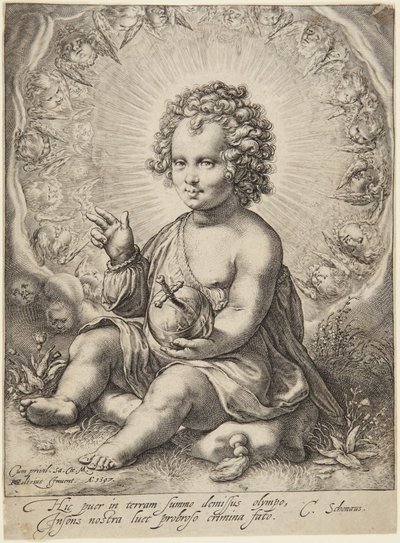 Het Christuskind als Salvator Mundi door Jacob Matham
