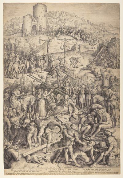 De bespotting, geseling en kruisiging van Christus door Jacob Matham