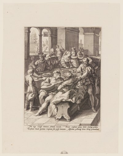De verloren zoon feestend met hoeren, uit De geschiedenis van de verloren zoon door Jacob Matham