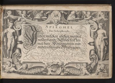 Titelprent met allegorische randlijst en gekalligrafeerde titel door Jacob Matham