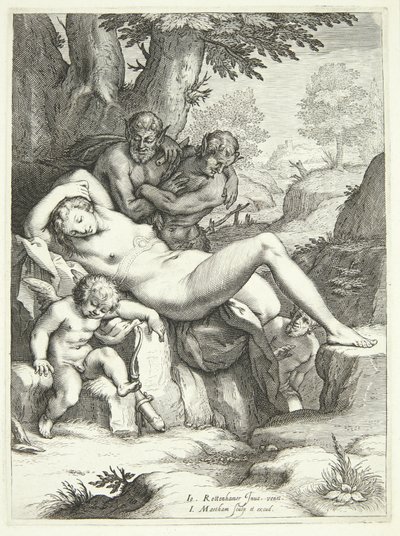 Venus en Amor slapen en worden bekeken door saters door Jacob Matham