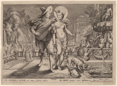 Diana als Luna begeleidt een jongeman die een serenade brengt door Jacob Matham, after Hendrik Goltzius