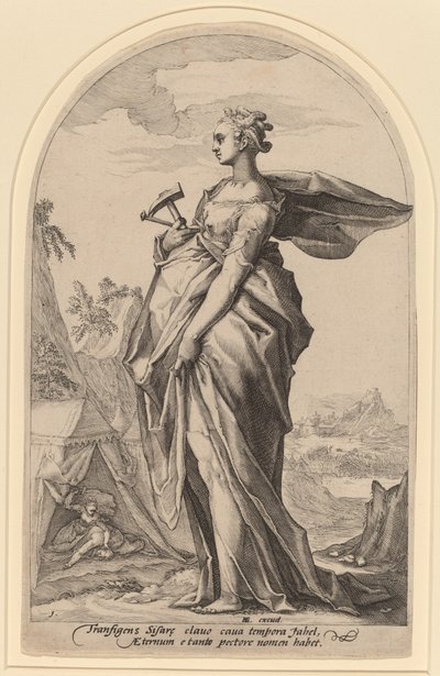 Jael en Sisera door Jacob Matham after Hendrik Goltzius