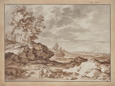 Landschap met dorp en twee boeren door Jacob Matthias Schmutzer