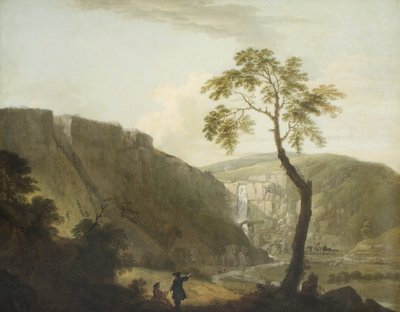 Een rotsachtig landschap met een waterval en een kunstenaar zittend op de voorgrond door Jacob More
