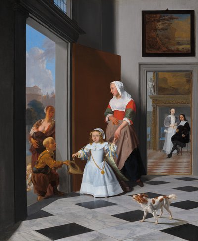 Een verpleegster en een kind in een elegante foyer door Jacob Lucasz Ochtervelt