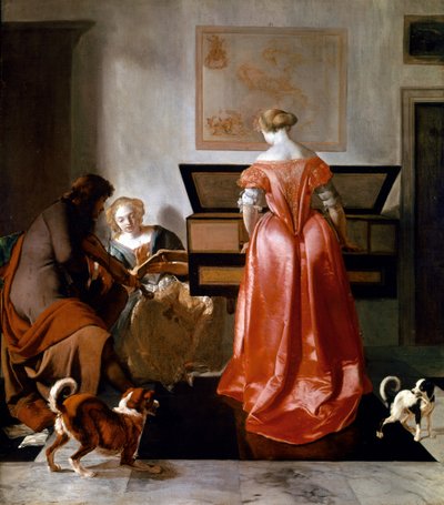 Een vrouw speelt op een virginaal, een andere zingt en een man speelt viool. 1675-1682. (olieverf op doek) door Jacob Ochtervelt