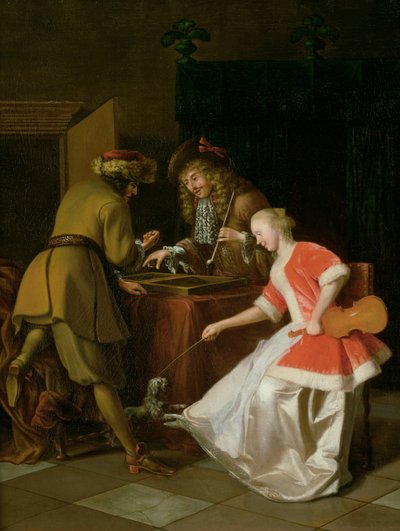 Tric-trac Spelers met een Dame en Haar Hond door Jacob Lucasz Ochtervelt