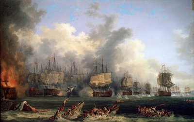 Het zinken van het Russische slagschip St. Evstafius in de zeeslag bij Chesma, 1771 door Jacob Philipp Hackert