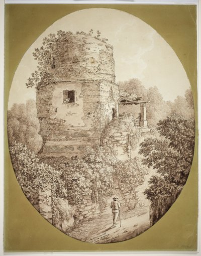 Toren met wandelende man door Jacob Philipp Hackert