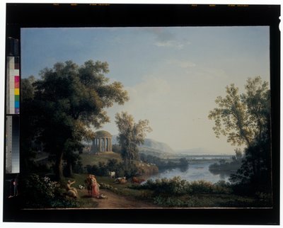 Een klassiek rivierlandschap door Jacob Philippe Hackert