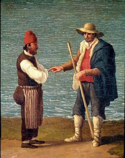 Een herder en een koopman in de haven van Monopoli, Puglia, Italië door Jacob Philippe Hackert
