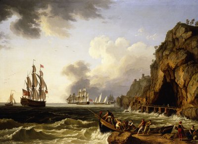 Een uitzicht op de kust bij Napels met een Brits koninklijk marineschip met de vlag van een vice-admiraal van de rode door Jacob Philippe Hackert