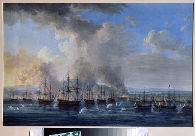 Russisch-Ottomaanse oorlog: De zeeslag bij Damietta in 1770 door Jacob Philippe Hackert