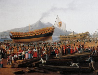 Te water laten van schip in scheepswerf van Castellammare di Stabia door Jacob Philippe Hackert
