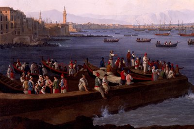 De Baai van Napels bij Santa Lucia met de terugkerende vloot uit Algiers door Jacob Philippe Hackert