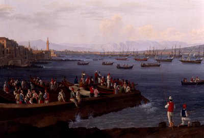 De Baai van Napels bij Santa Lucia met de terugkerende vloot uit Algiers door Jacob Philippe Hackert