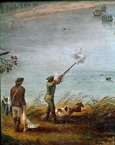 De meerkoetjacht van Ferdinand I van de Twee Siciliën (of Ferdinand IV van Napels) (1751-1825) op het Meer van Fusaro nabij Napels, Italië (Ferdinand IV jaagt op meerkoeten op het Meer van Fusaro) Detail - Schilderij door Jacob Philipp Hackert (1737-1807)  door Jacob Philippe Hackert