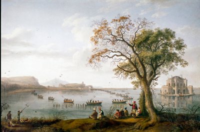 De meerkoetjacht van Ferdinand I van de Twee Siciliën op het meer van Fusaro bij Napels, Italië door Jacob Philippe Hackert