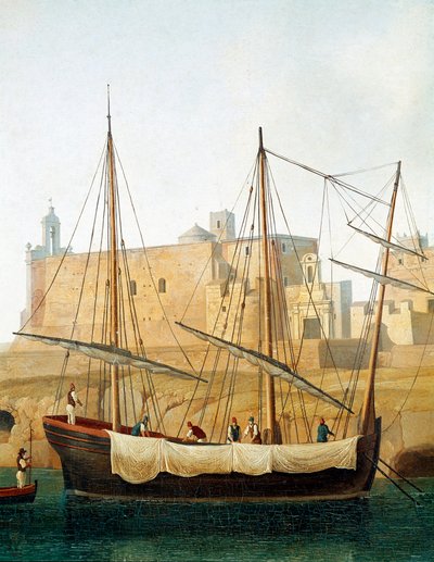 Zicht op een schip in de haven van Monopoli, Apulië, Italië door Jacob Philippe Hackert