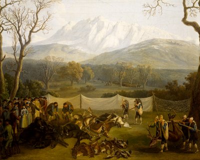 Winter: jacht in het Persano-reservaat door Jacob Philippe Hackert