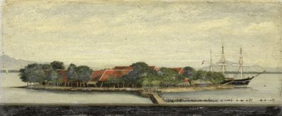 Gezicht op het eiland Kuiper in de baai van Batavia door Jacob Pieter Mercier
