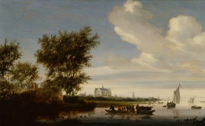 Een Ver Uitzicht op Alkmaar met Boeren en Vee op een Veerboot door Jacob Salomonsz. Ruysdael