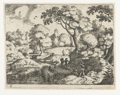 Landschap met reiziger en soldaten door Jacob Savery (I)