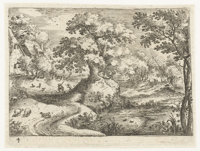 Landschap met reizigers nabij huizen door Jacob Savery (I)