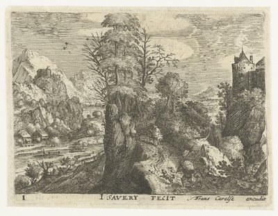 Landschap met reizigers op steile rots door Jacob Savery (I)