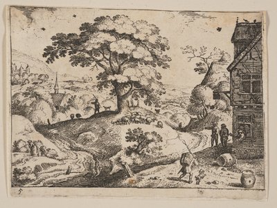 Herberg rechts van de weg voor het dorp, van Landscapes door Jacob Savery I