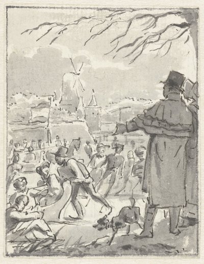 IJsvermaak op een stadsgracht bij een molen door Jacob Smies