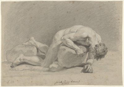 Mannelijk naakt, liggend op de buik over een rots door Jacob Smies