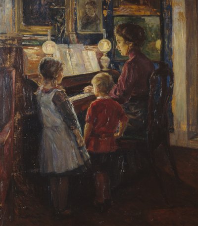 Vrouw en kinderen bij de piano door Jacob Sømme