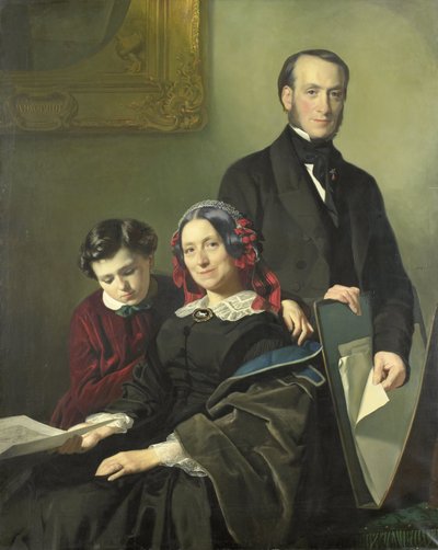 Mevrouw A.J. Schmidt-Keiser, weduwe van de schilder Willem Hendrik Schmidt (1809-49), de leermeester van Jacob Spoel, met haar broer J.N. Keiser en haar tienjarig zoontje door Jacob Spoel
